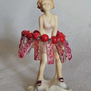 Red Beaded Bracelet w/ Red Marbled, Carved Glass Dangles & Siver Spacers